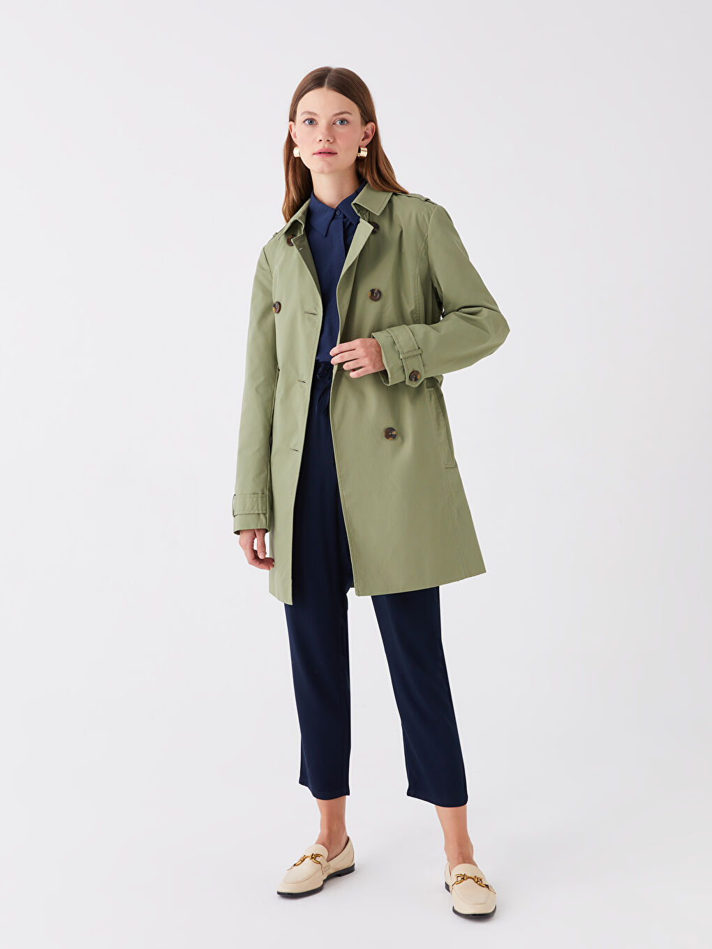 Women's Jacket Collar Plain Trench Coat -S41184Z8-GUY
