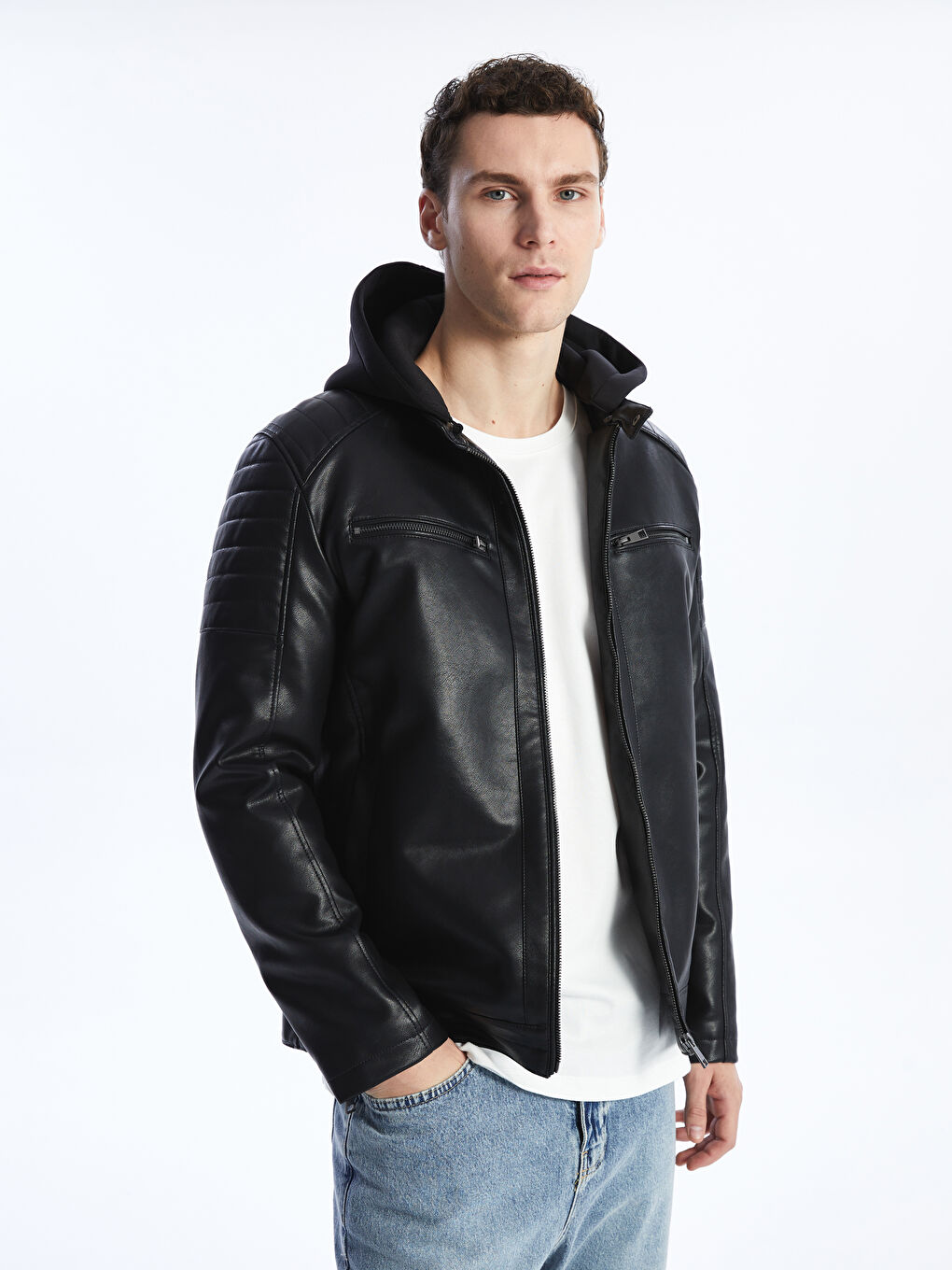 Slim Fit Hooded Men's Faux Leather Coat -S41236Z8-CVL