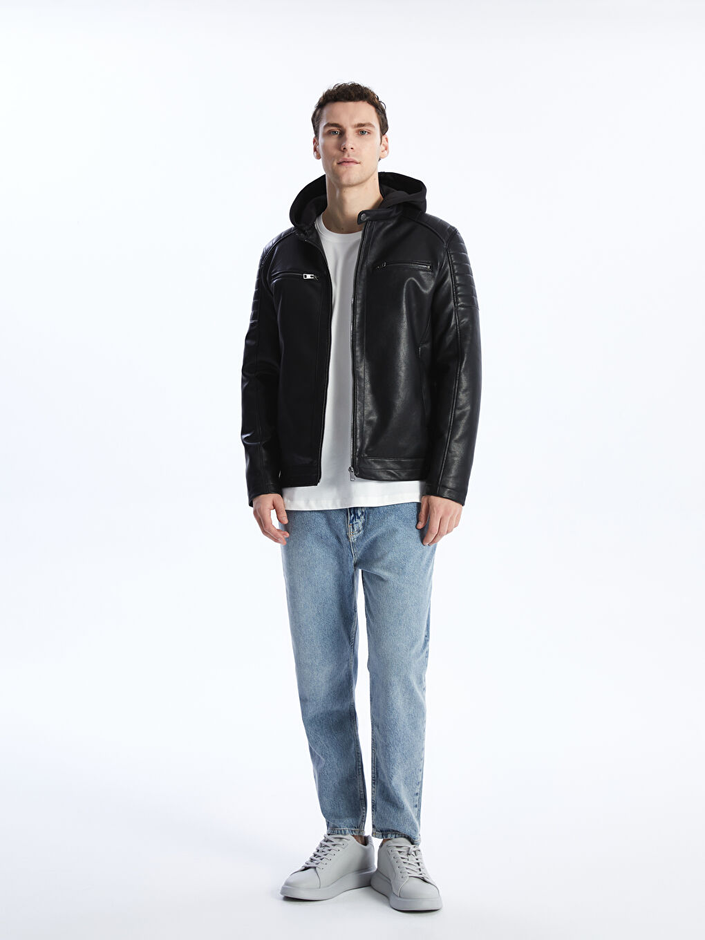 Slim Fit Hooded Men's Faux Leather Coat -S41236Z8-CVL