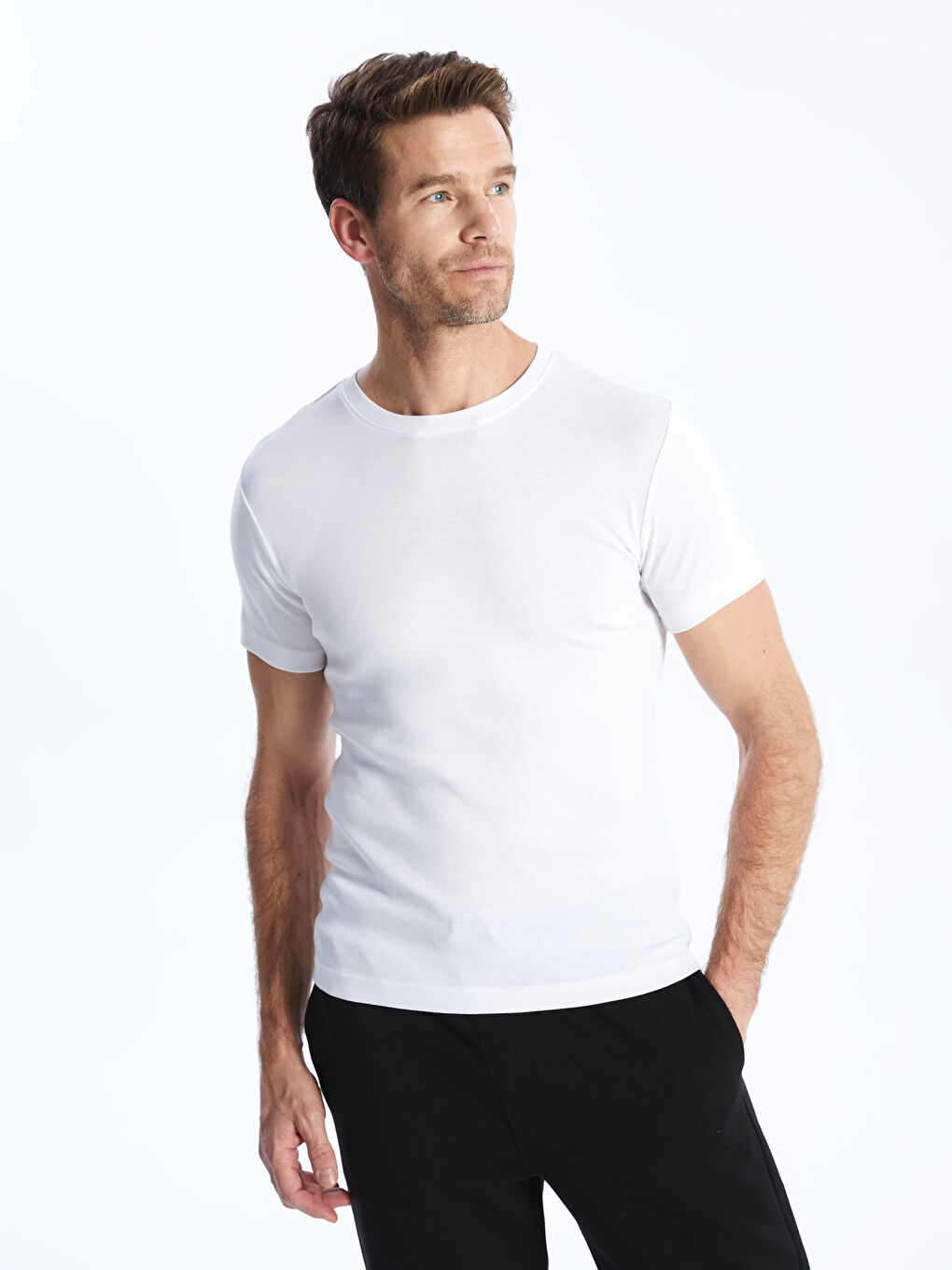 Beyaz Bisiklet Yaka Penye Erkek Tişört