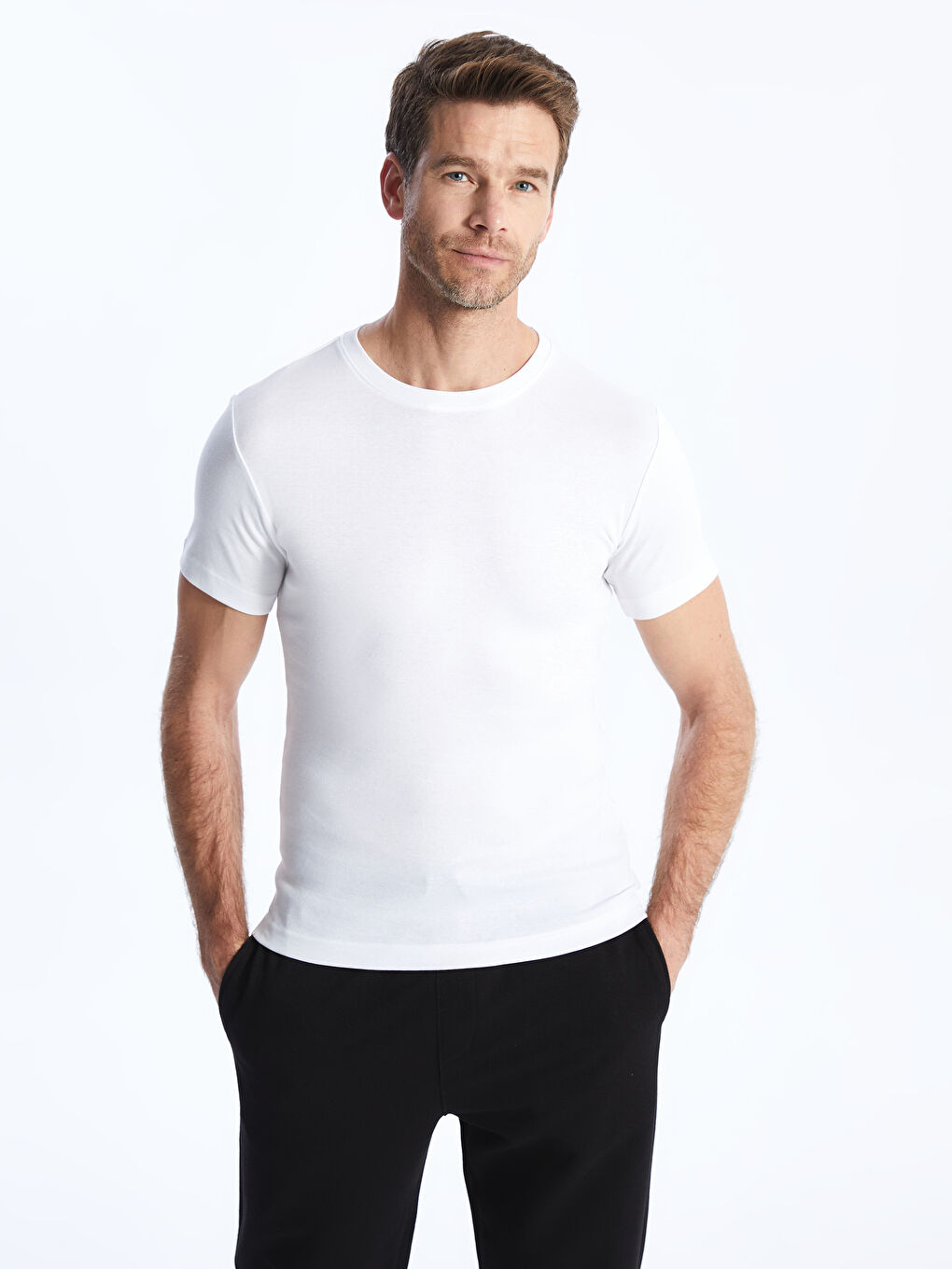 Beyaz Bisiklet Yaka Penye Erkek Tişört-1