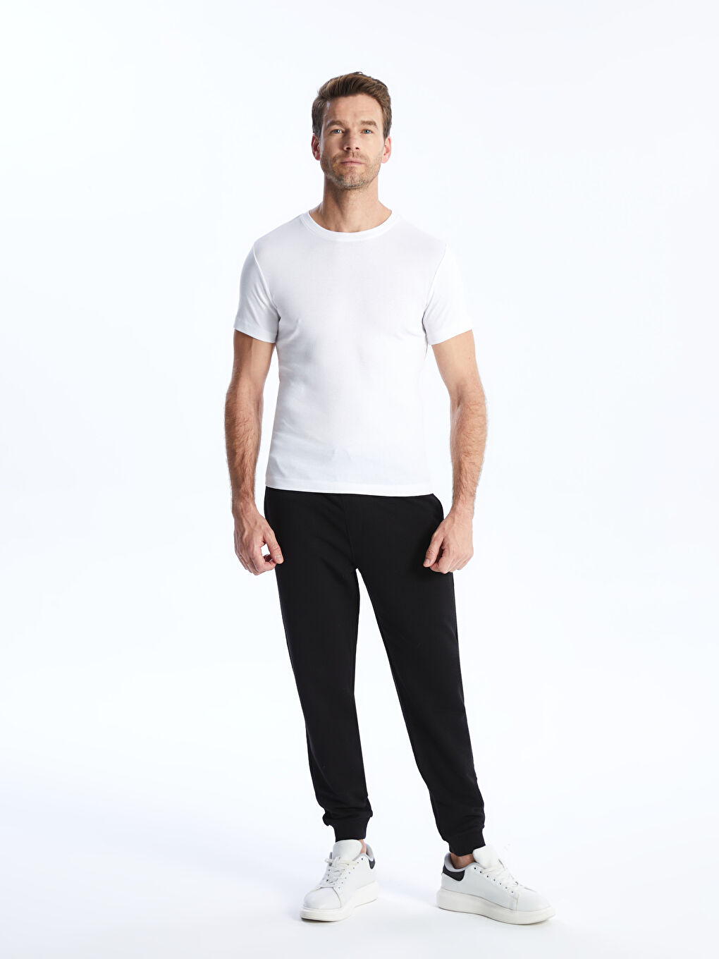 Beyaz Bisiklet Yaka Penye Erkek Tişört-2