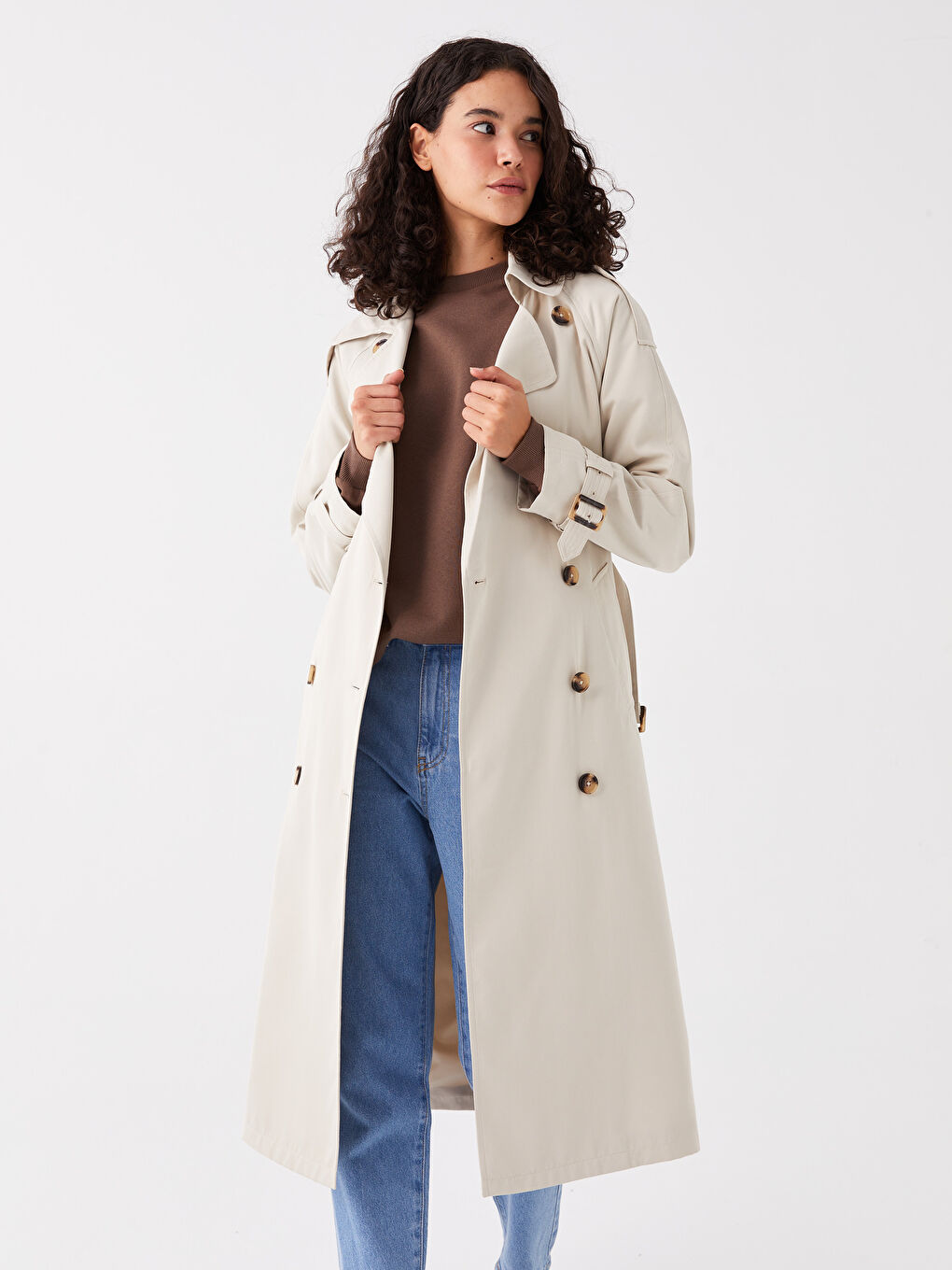 Ekru Ceket Yaka Oversize Kadın Trençkot-2