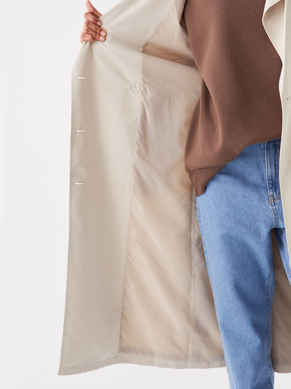 Ekru Ceket Yaka Oversize Kadın Trençkot-4