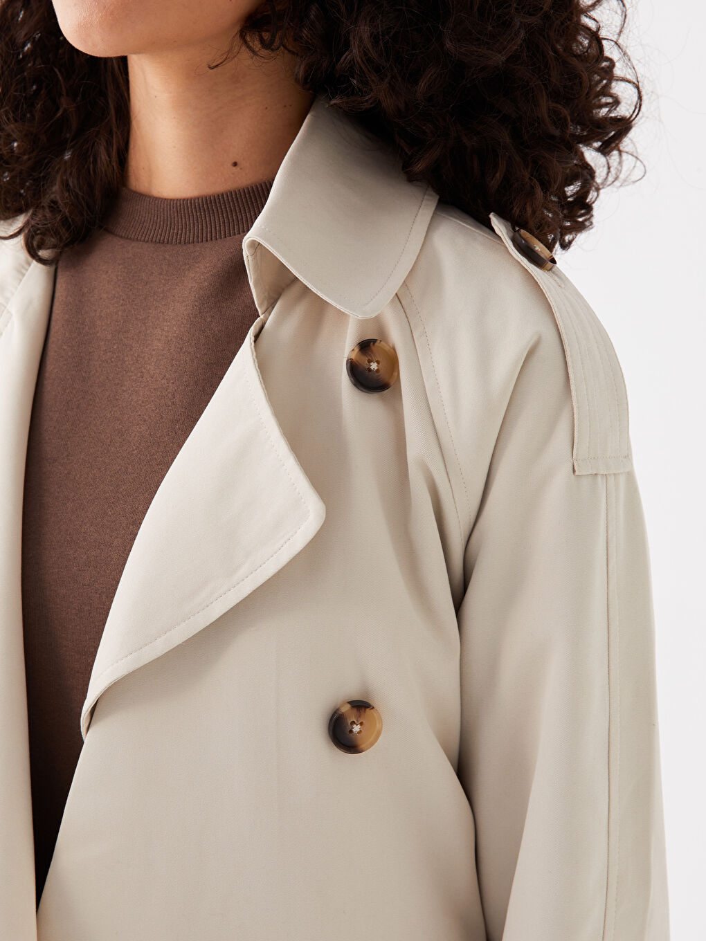 Ekru Ceket Yaka Oversize Kadın Trençkot-5