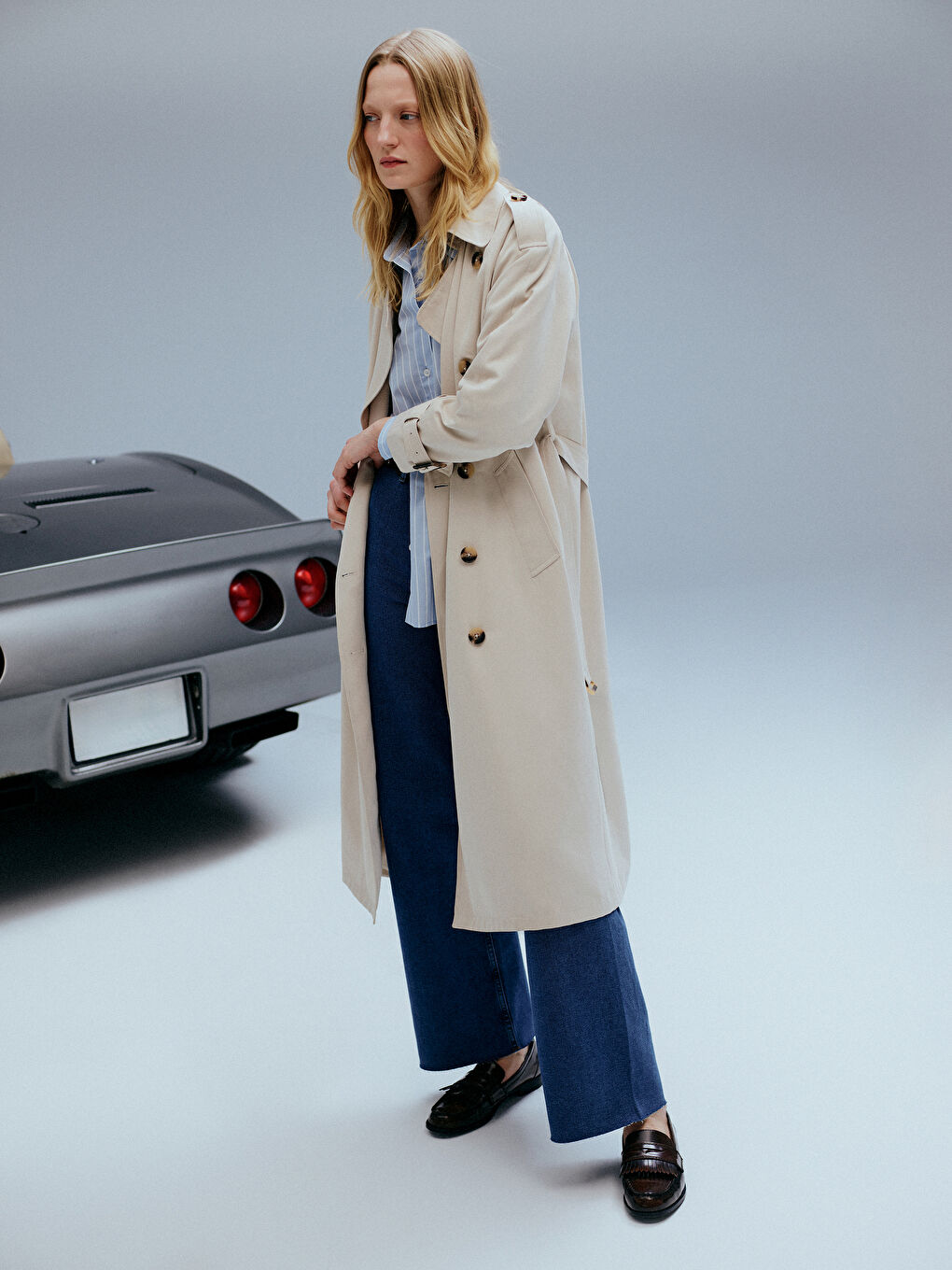 Ekru Ceket Yaka Oversize Kadın Trençkot