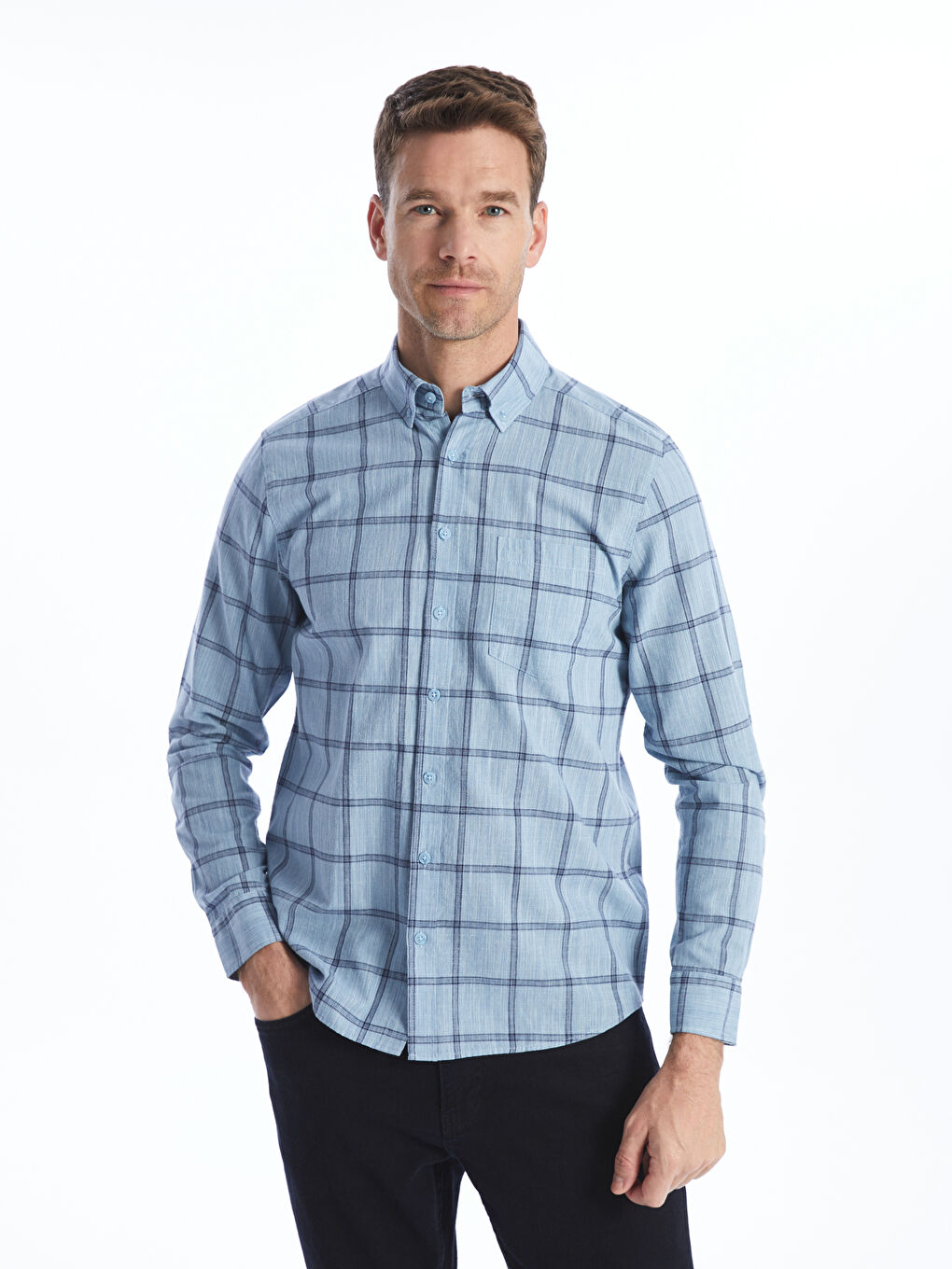 Regular Fit Long Sleeve Plaid Poplin Men's Shirt -S41362Z8-LLC