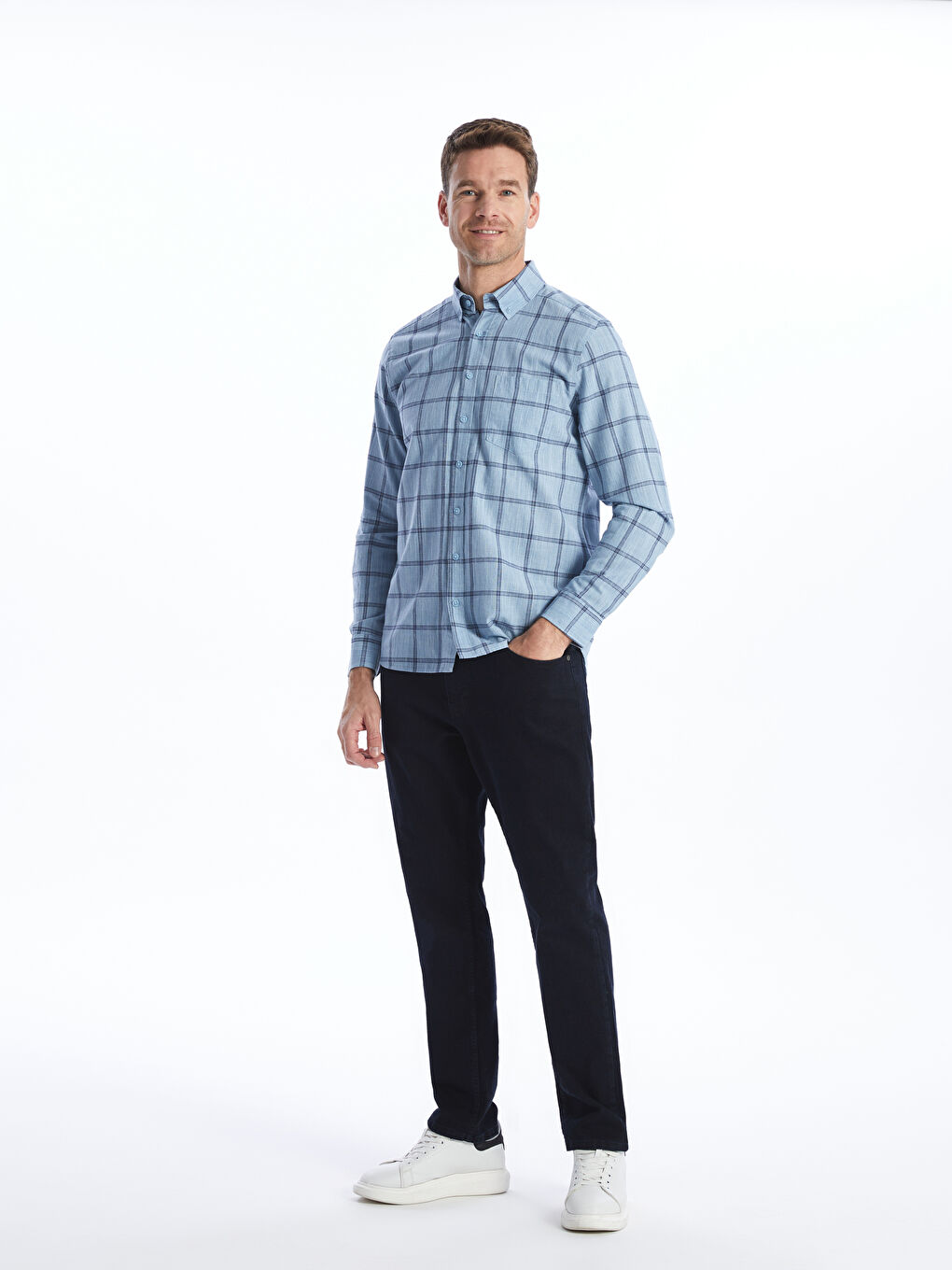 Regular Fit Long Sleeve Plaid Poplin Men's Shirt -S41362Z8-LLC