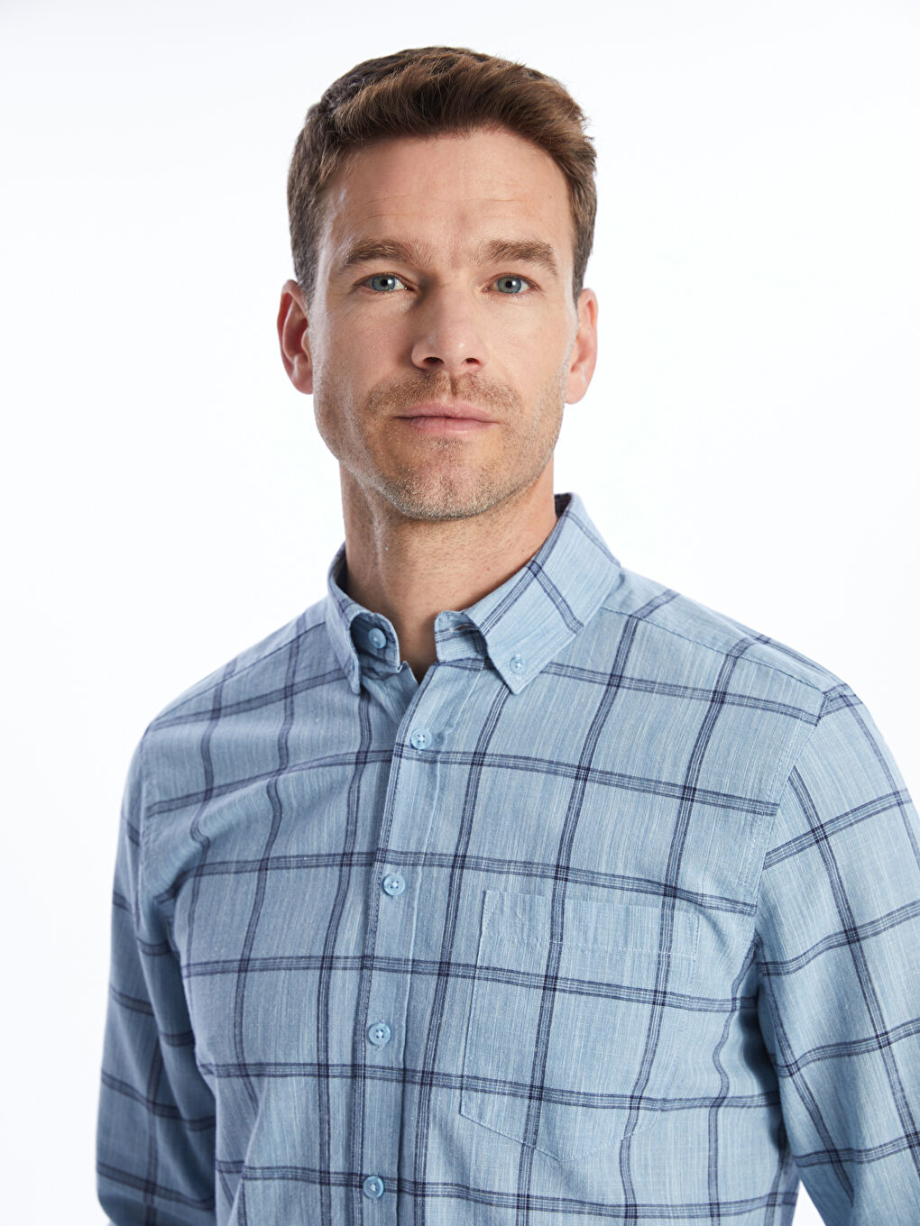 Regular Fit Long Sleeve Plaid Poplin Men's Shirt -S41362Z8-LLC