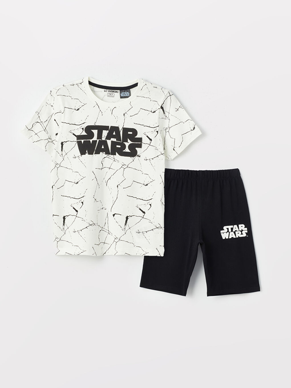 LCW Kids Beyaz Baskılı Bisiklet Yaka Star Wars Baskılı Kısa Kollu Erkek Çocuk Şortlu Pijama Takımı