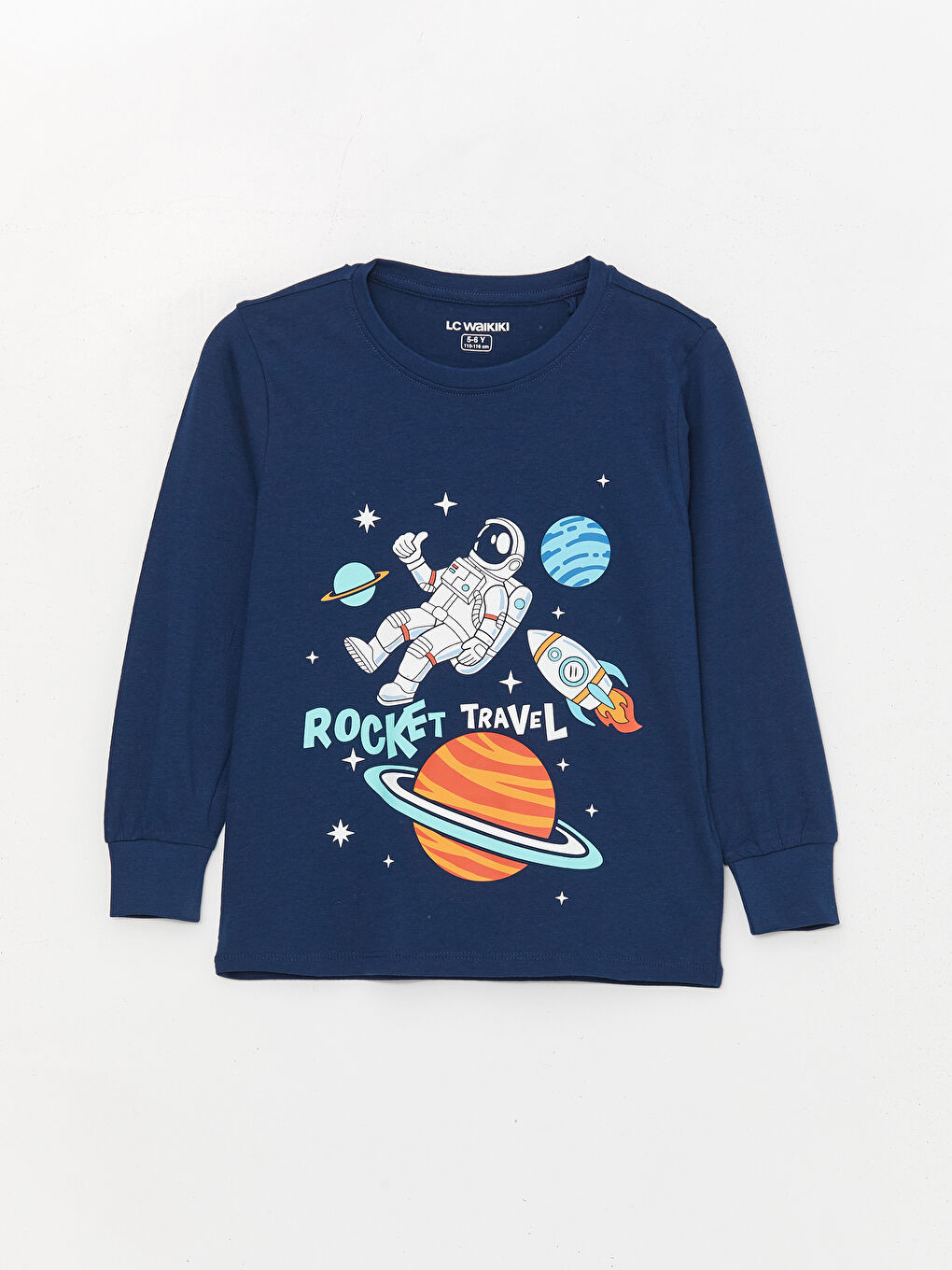LCW Kids Lacivert Bisiklet Yaka Baskılı Uzun Kollu Erkek Çocuk Pijama Üst