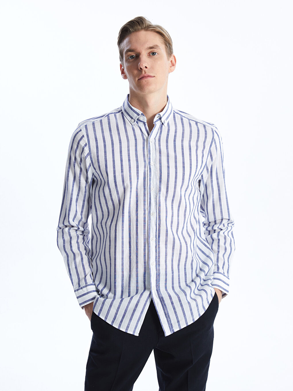 Slim Fit Long Sleeve Striped Poplin Men's Shirt -S41624Z8-LJX