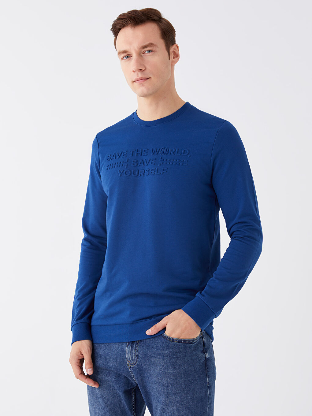 LCWAIKIKI Classic Açık Lacivert Bisiklet Yaka Uzun Kollu Baskılı Erkek Sweatshirt - 1