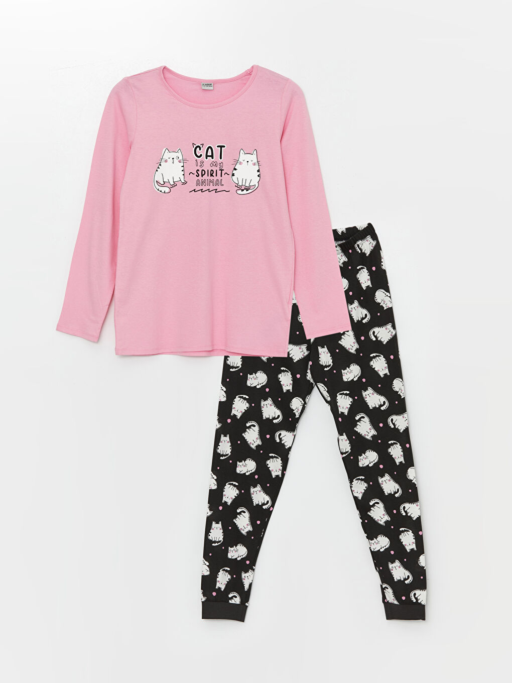 طقم بيجامة للبنات ياقة دائرية كم طويل مطبوع