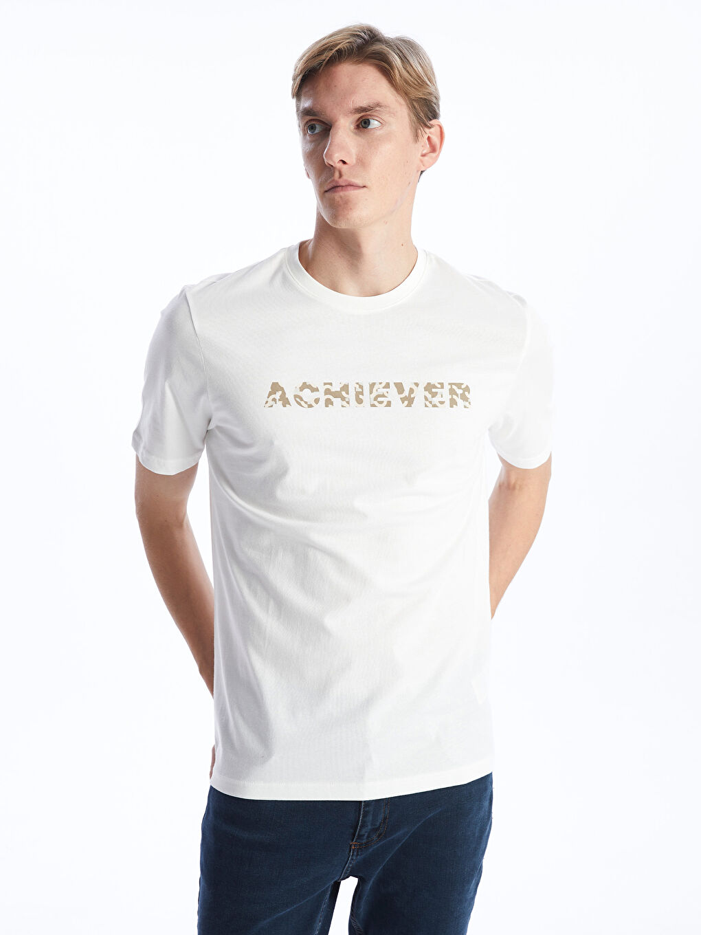 Ekru Bisiklet Yaka Kısa Kollu Baskılı Penye Erkek Tişört