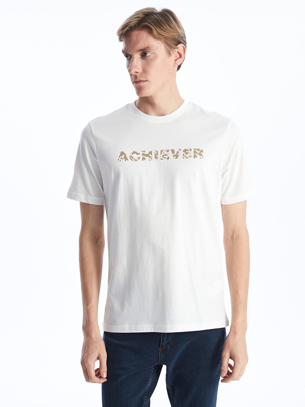 Ekru Bisiklet Yaka Kısa Kollu Baskılı Penye Erkek Tişört-1