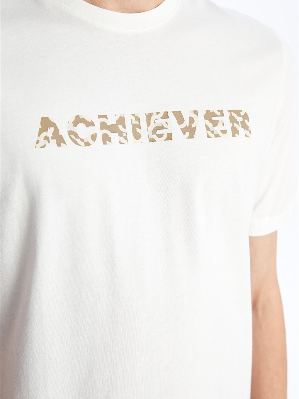 Ekru Bisiklet Yaka Kısa Kollu Baskılı Penye Erkek Tişört-3