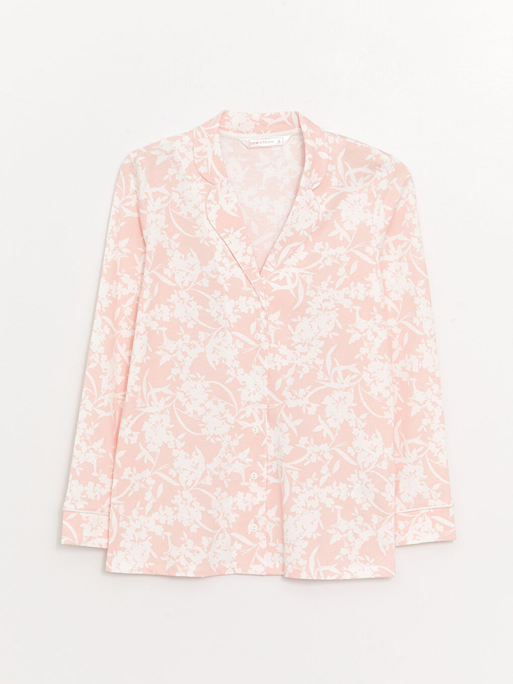 Pembe Gömlek Yaka Çiçekli Kadın Pijama Üstü