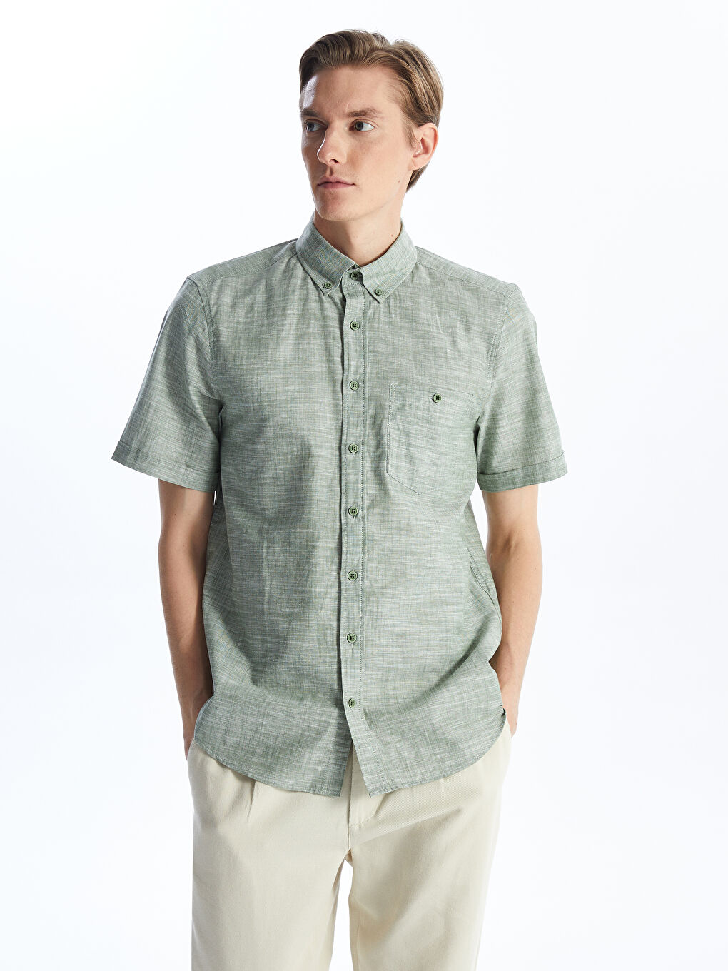 Regular Fit Short Sleeve Linen Blended Men's Shirt -S41950Z8-EAW