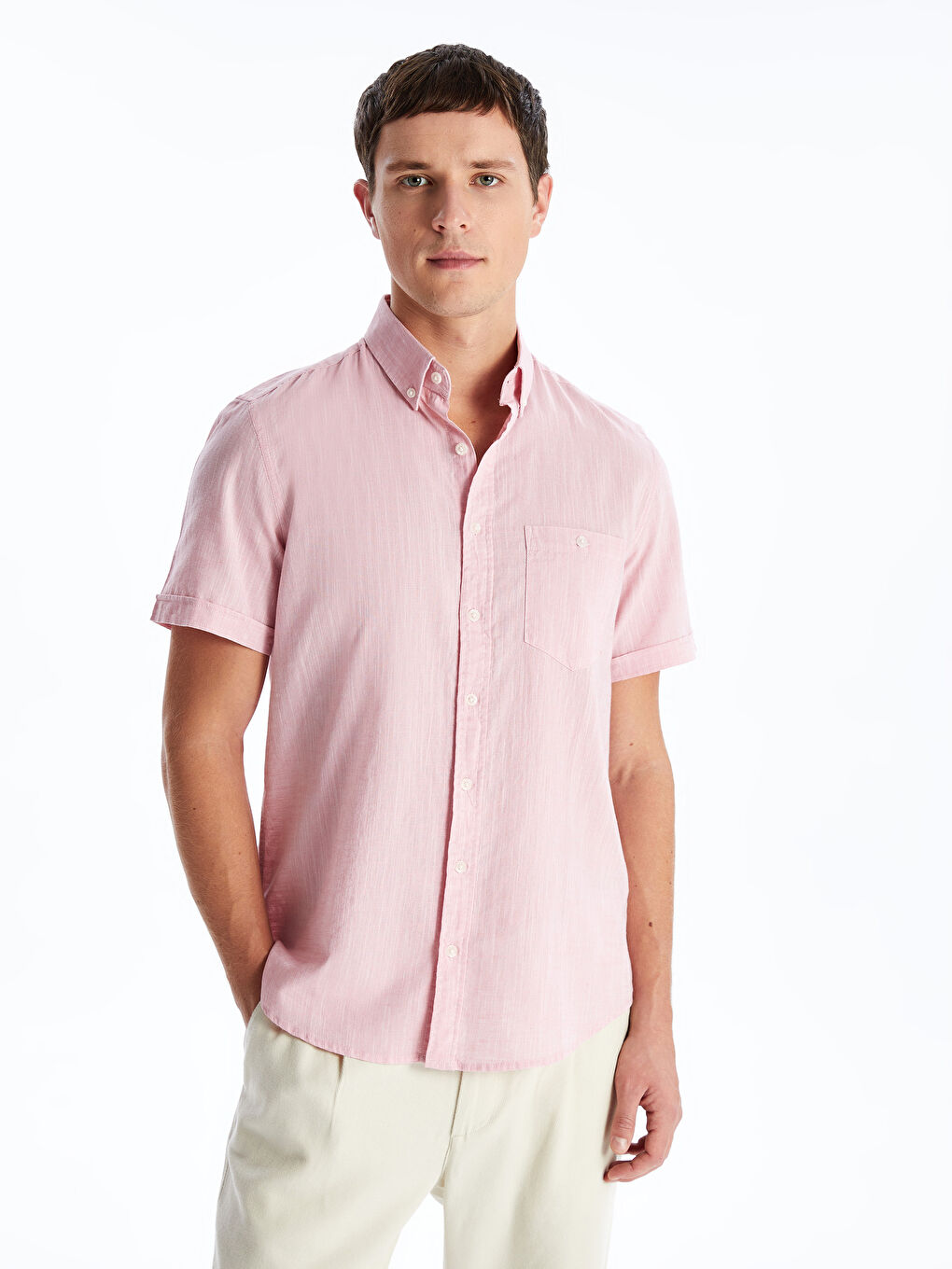 Regular Fit Short Sleeve Linen Blend Men's Shirt -S41950Z8-LCM