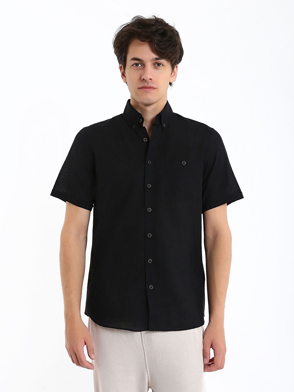 Regular Fit Keten Karışımlı Erkek Gömlek-1