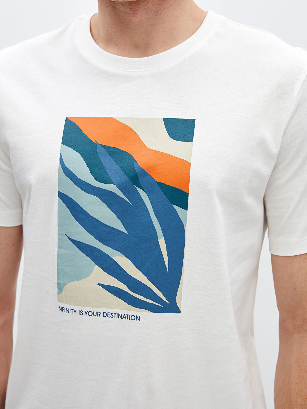 Ekru Bisiklet Yaka Kısa Kollu Baskılı Penye Erkek Tişört-2