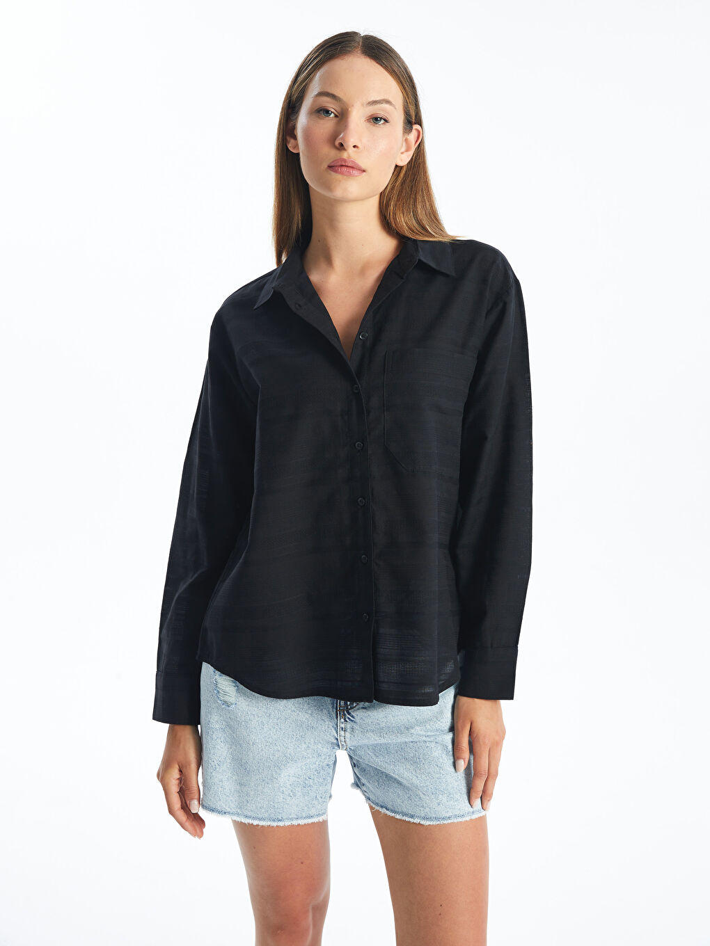 Plain Long Sleeve Oversize Dobby Women's Shirt