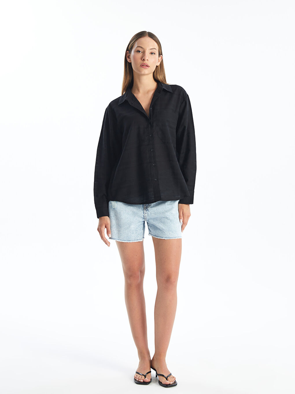 Plain Long Sleeve Oversize Dobby Women's Shirt-1