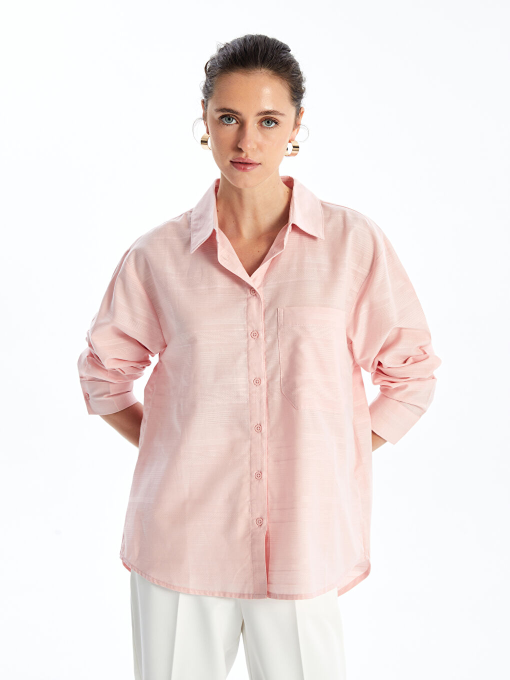 Plain Long Sleeve Oversize Dobby Women's Shirt