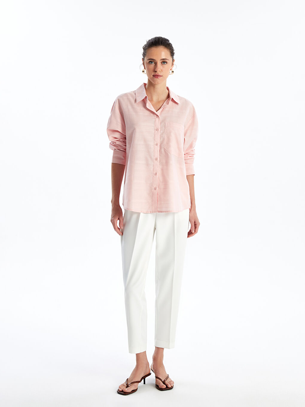 Plain Long Sleeve Oversize Dobby Women's Shirt-1