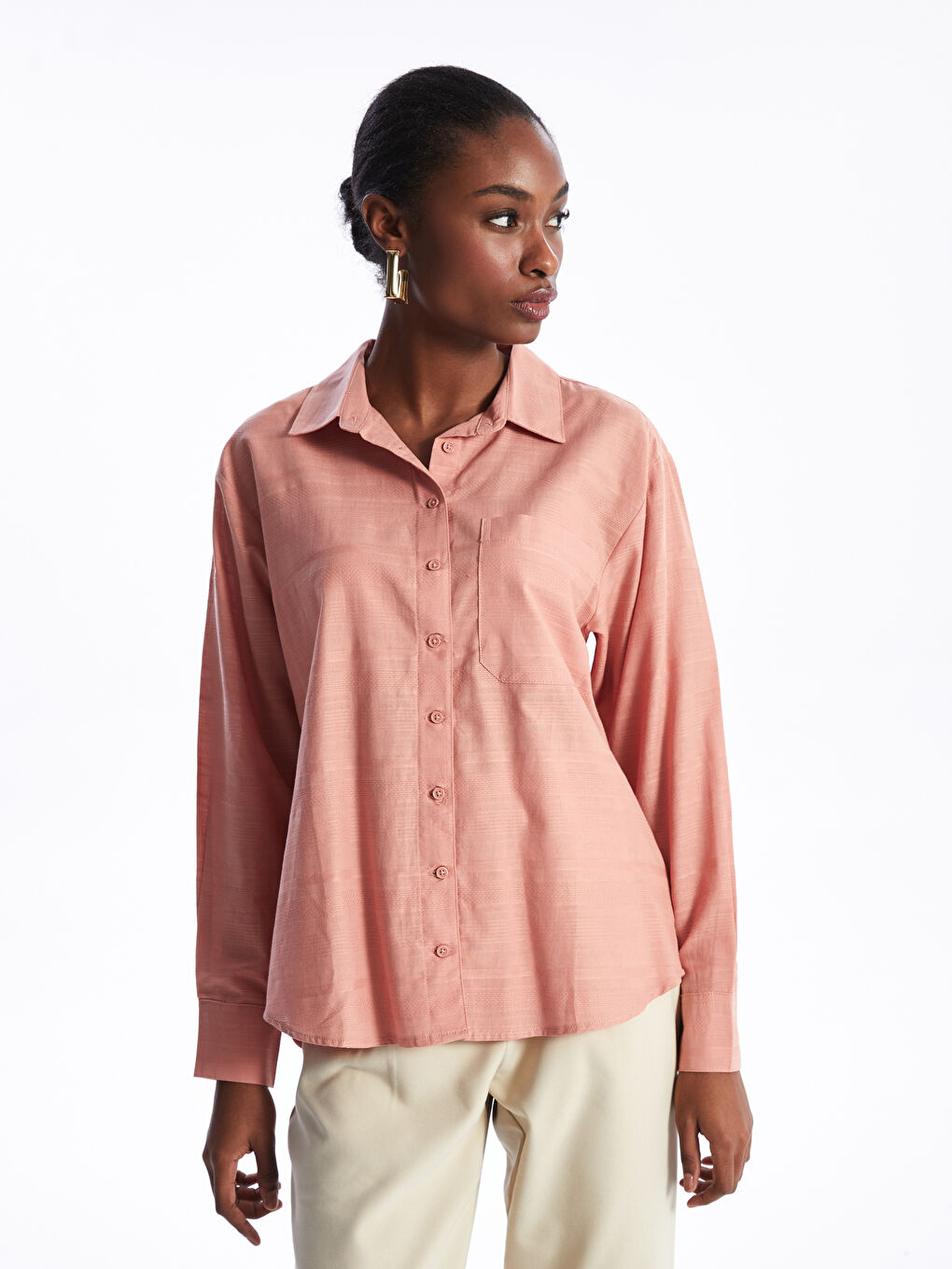 قميص سادة كم طويل أوفراسايز قماش دوبي للسيدات