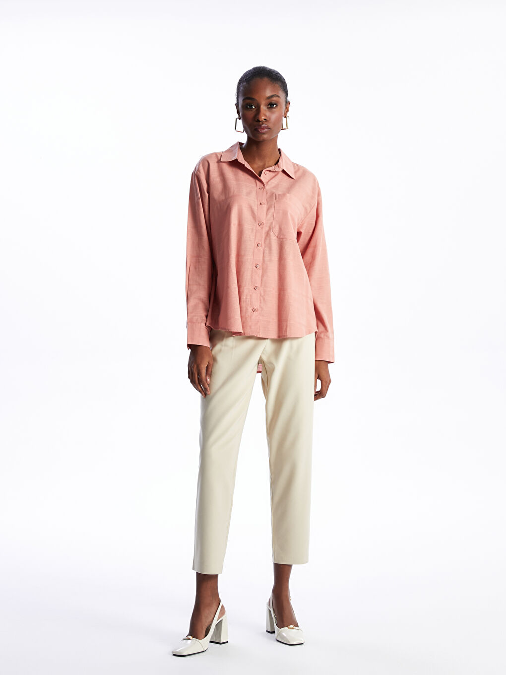 قميص سادة كم طويل أوفراسايز قماش دوبي للسيدات-1