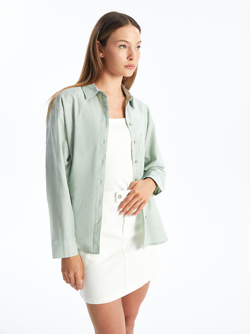 Plain Long Sleeve Oversize Dobby Women's Shirt -S42077Z8-TTS
