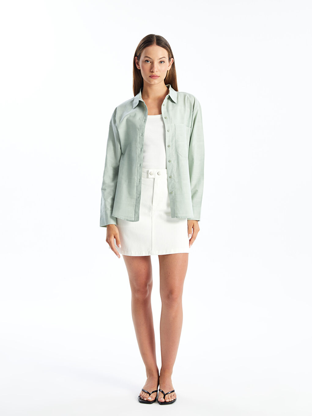 Plain Long Sleeve Oversize Dobby Women's Shirt -S42077Z8-TTS