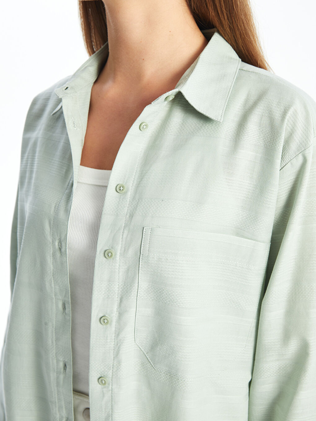 Plain Long Sleeve Oversize Dobby Women's Shirt -S42077Z8-TTS