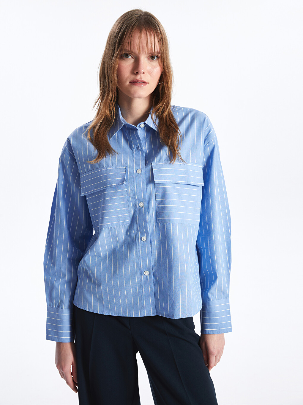 Striped Long Sleeve Poplin Women's Shirt-1