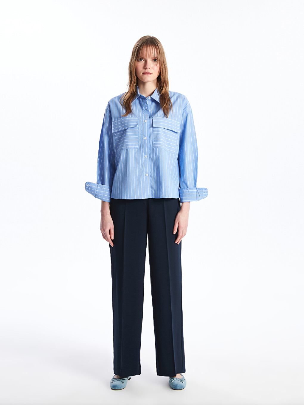 Striped Long Sleeve Poplin Women's Shirt-2