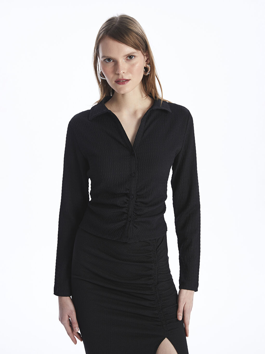 LCW Vision Collared Neck Plain Long Sleeve Women's Blouse -S42110Z8-CVL