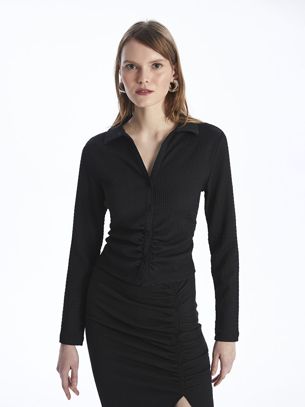 LCW Vision Collared Neck Plain Long Sleeve Women's Blouse -S42110Z8-CVL