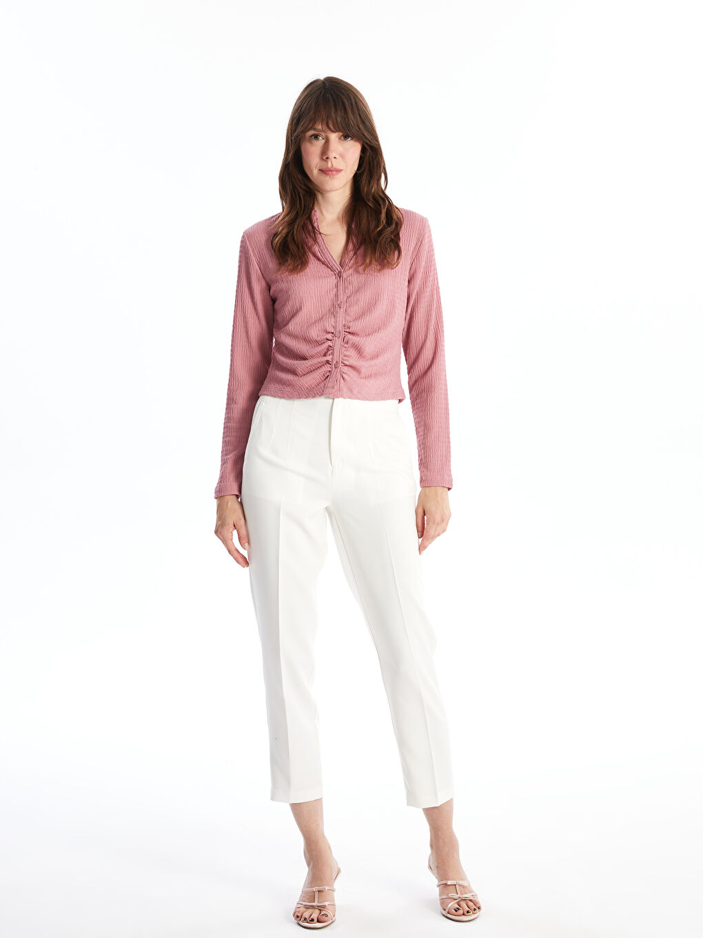 بلوزة كم طويل سادة بياقة قميص للسيدات-1