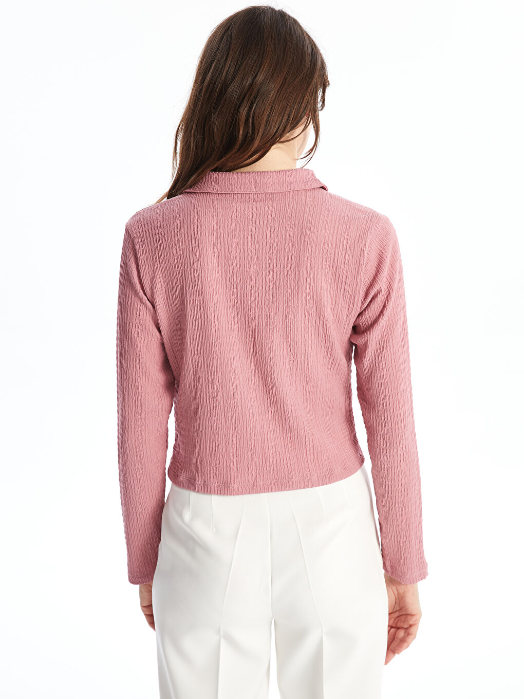 بلوزة كم طويل سادة بياقة قميص للسيدات-3