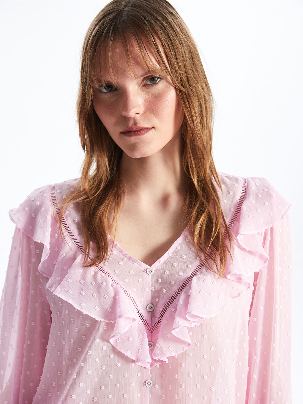 V Neck Embroidered Long Sleeve Women's Blouse -S42121Z8-F0L