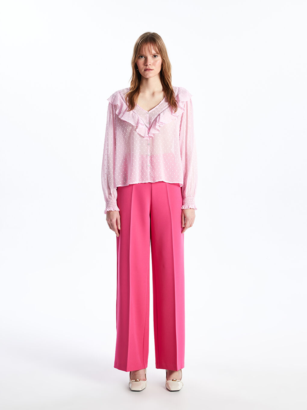 V Neck Embroidered Long Sleeve Women's Blouse -S42121Z8-F0L