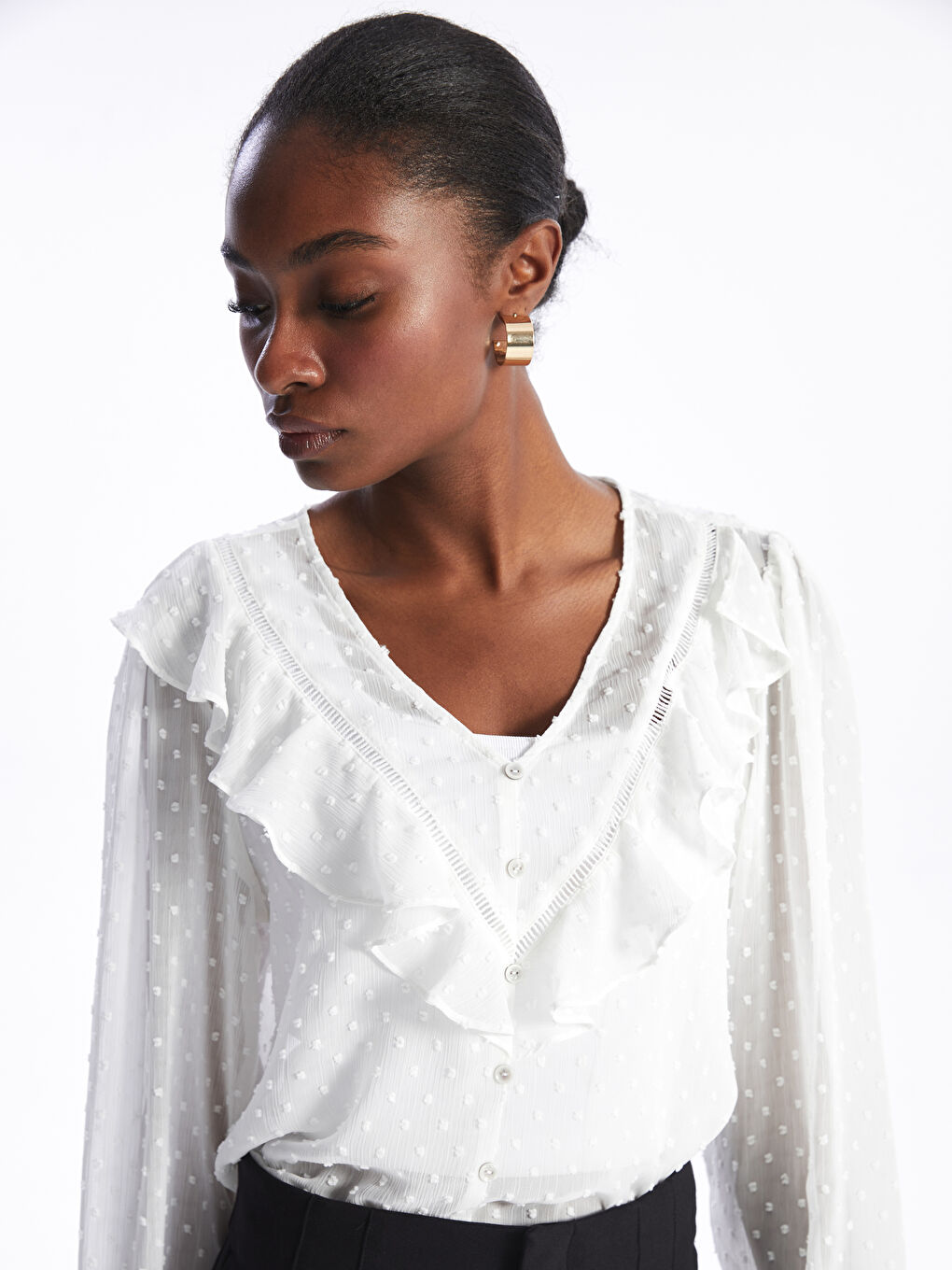 V Neck Embroidered Long Sleeve Women's Blouse-2