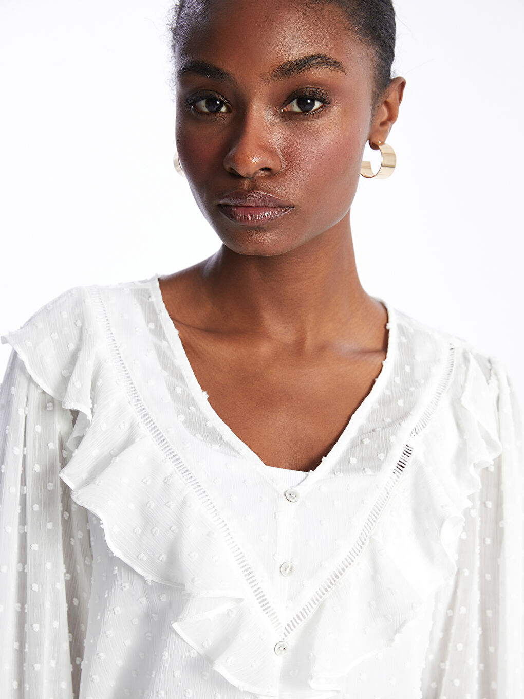 V Neck Embroidered Long Sleeve Women's Blouse-3