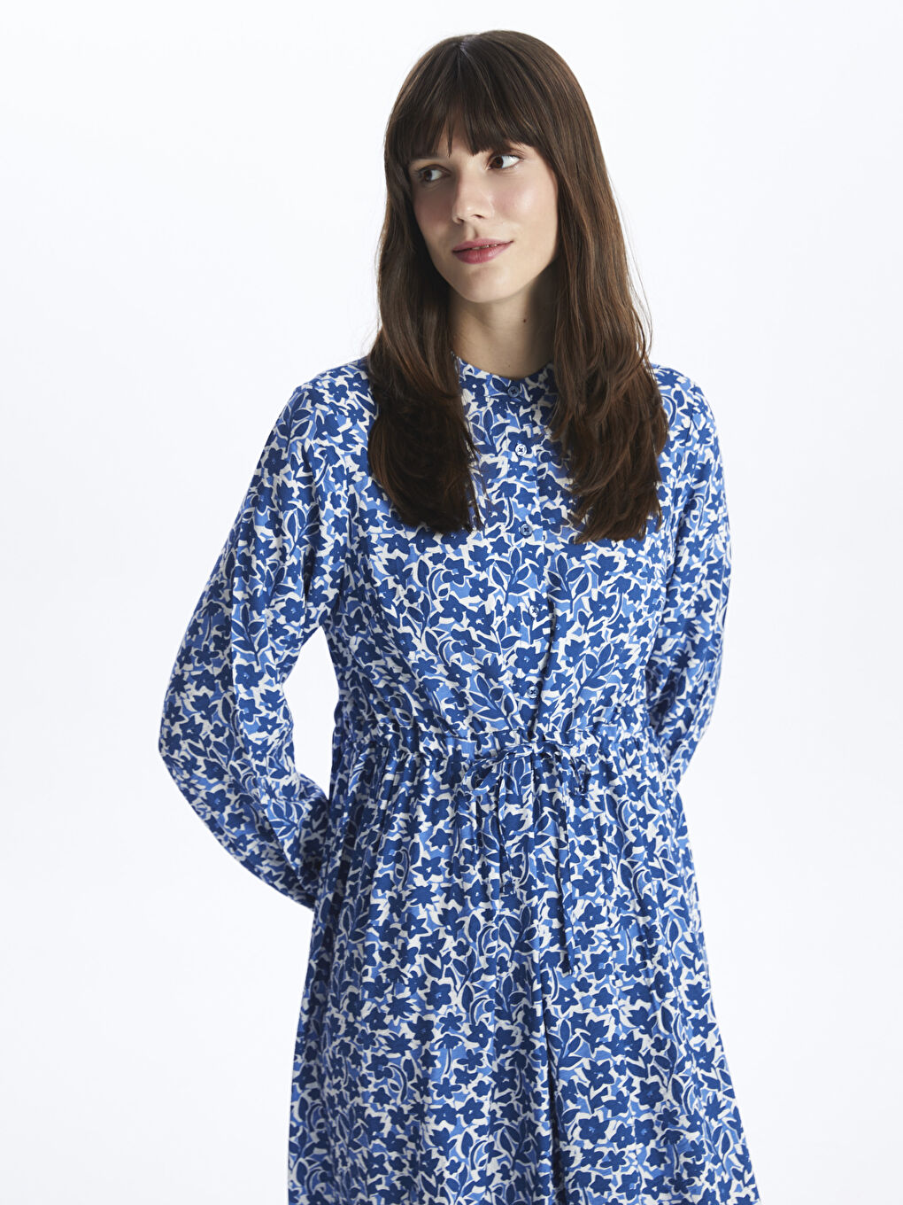 Grandad Collar Floral Long Sleeve Women's Shirt Dress-2