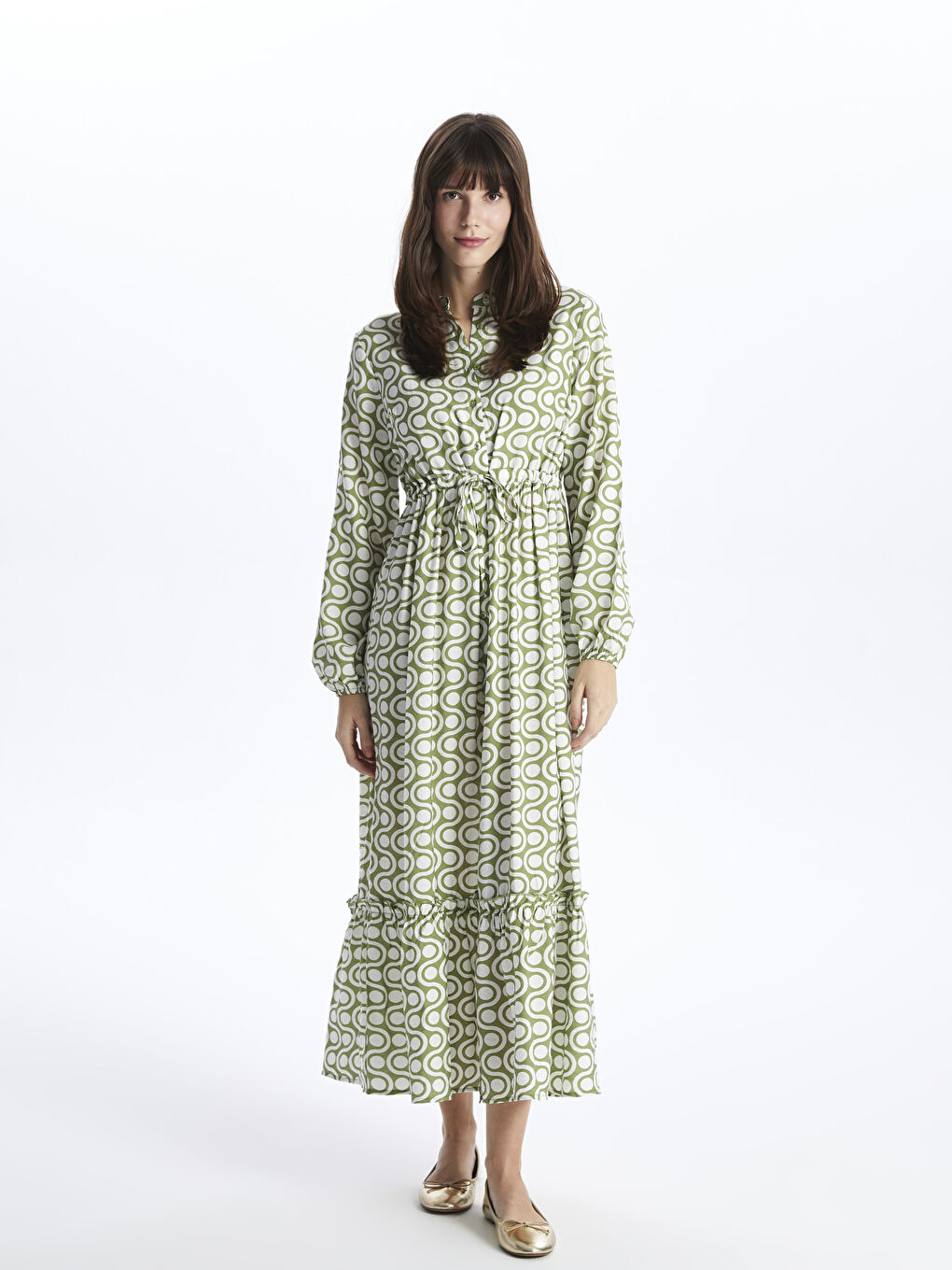 Grandad Collar Patterned Long Sleeve Women's Shirt Dress -S42474Z8-LRR