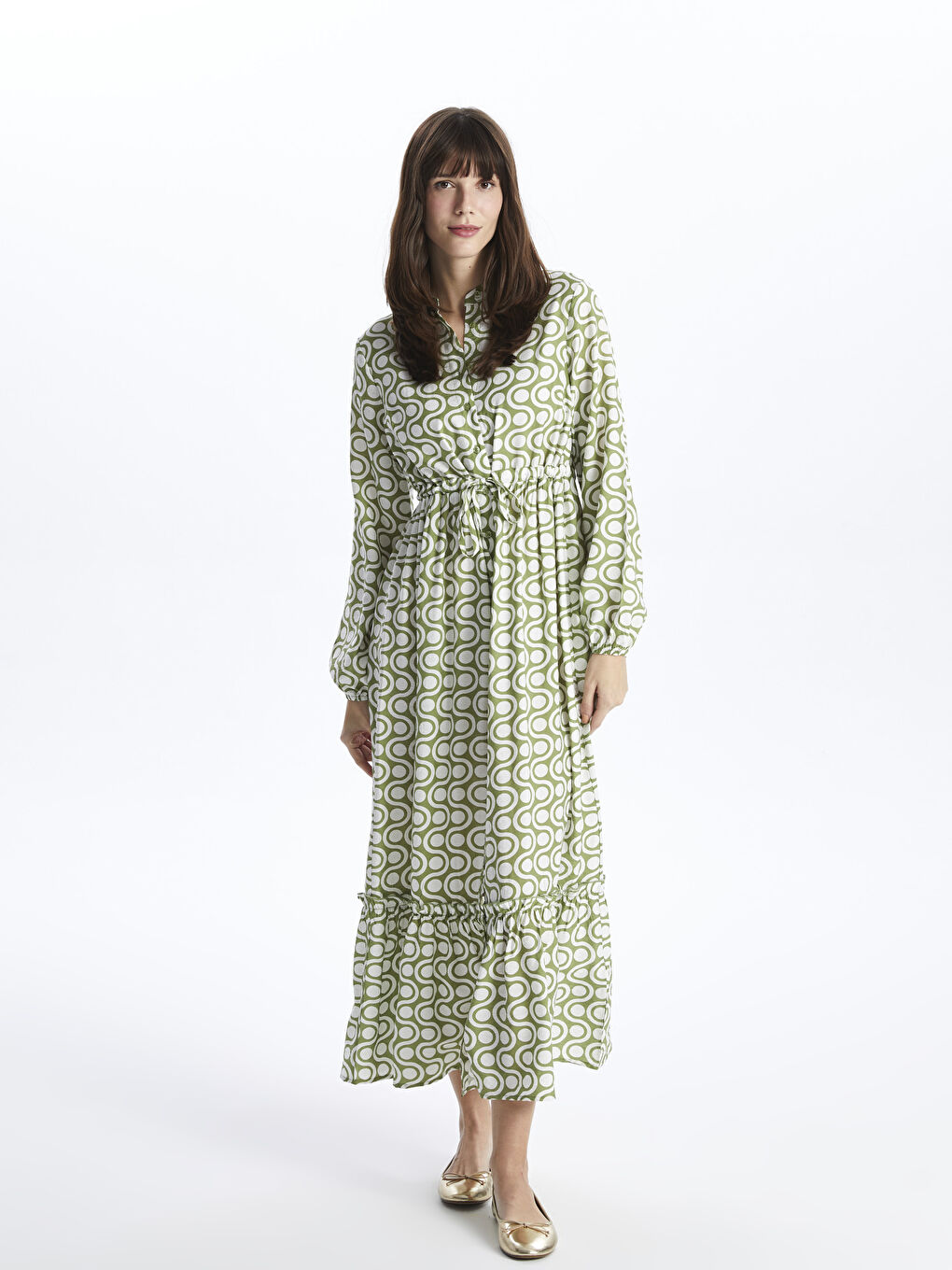 Grandad Collar Patterned Long Sleeve Women's Shirt Dress -S42474Z8-LRR