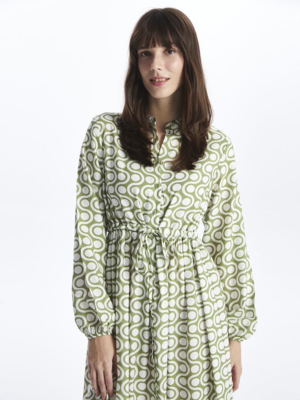 Grandad Collar Patterned Long Sleeve Women's Shirt Dress -S42474Z8-LRR