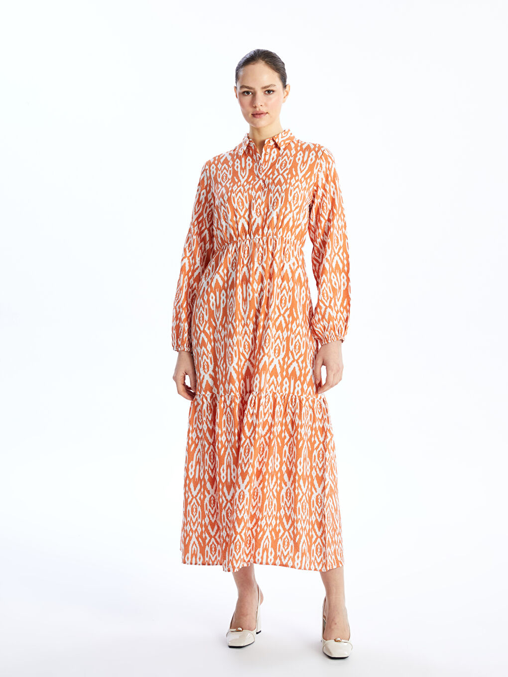 Collared Neck Patterned Long Sleeve Women's Dress-1